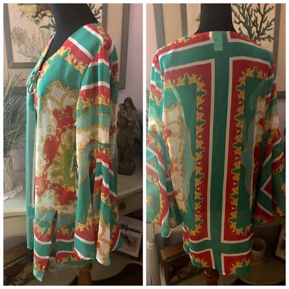 VIOLET SKY GREEN, GOLD AND RED SHEER SWIM COVERUP
